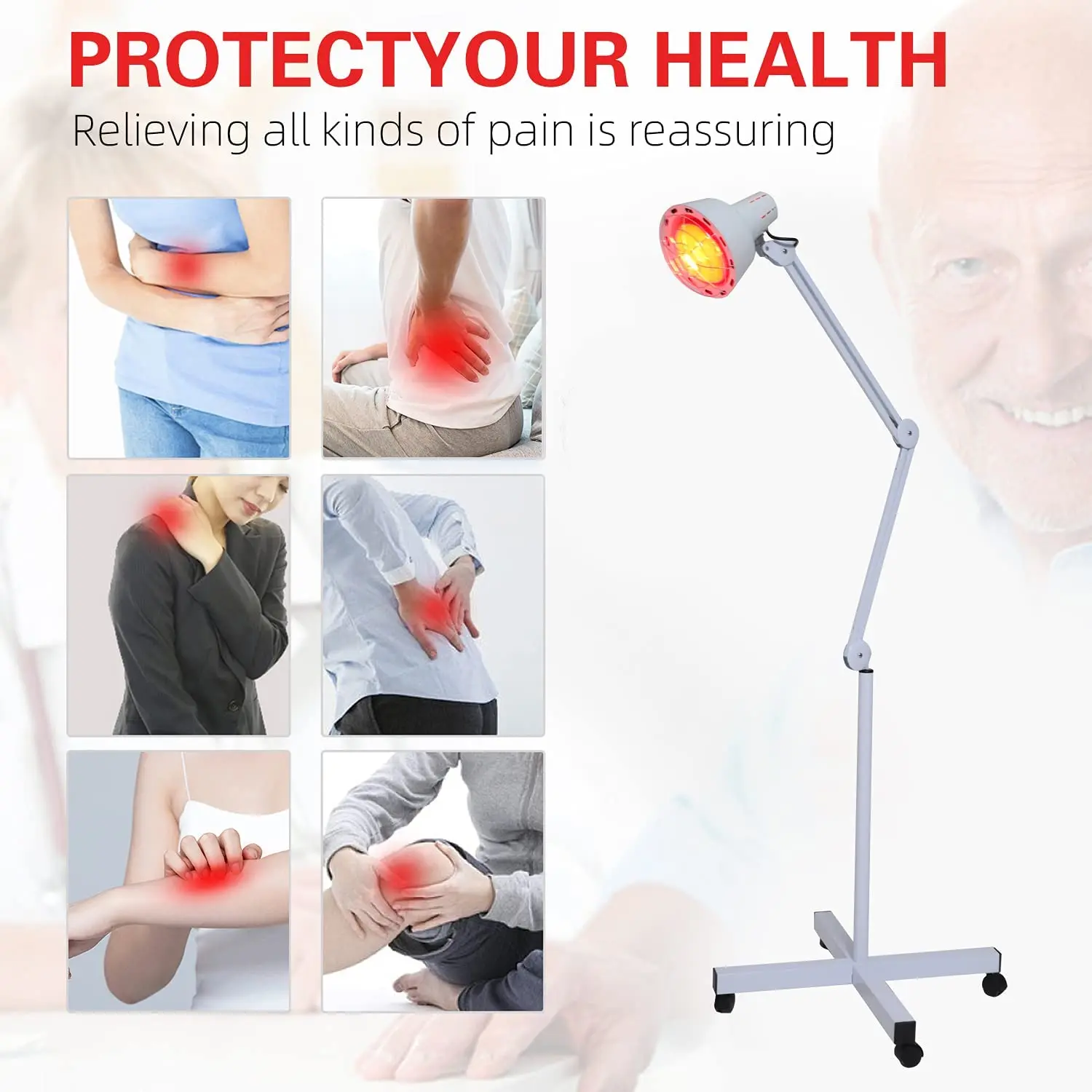 Red Near Infrared Heat Lamp with Wheels, Floor Heating Lamp, Relieve Joint and Muscle Pain, Height and Angle Adjustable, 150W
