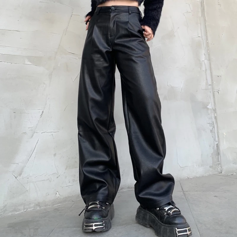 Black Leather Pants Women New Straight PU Baggy Trousers Streetwear High Waist Wide Leg Pants Spring Summer