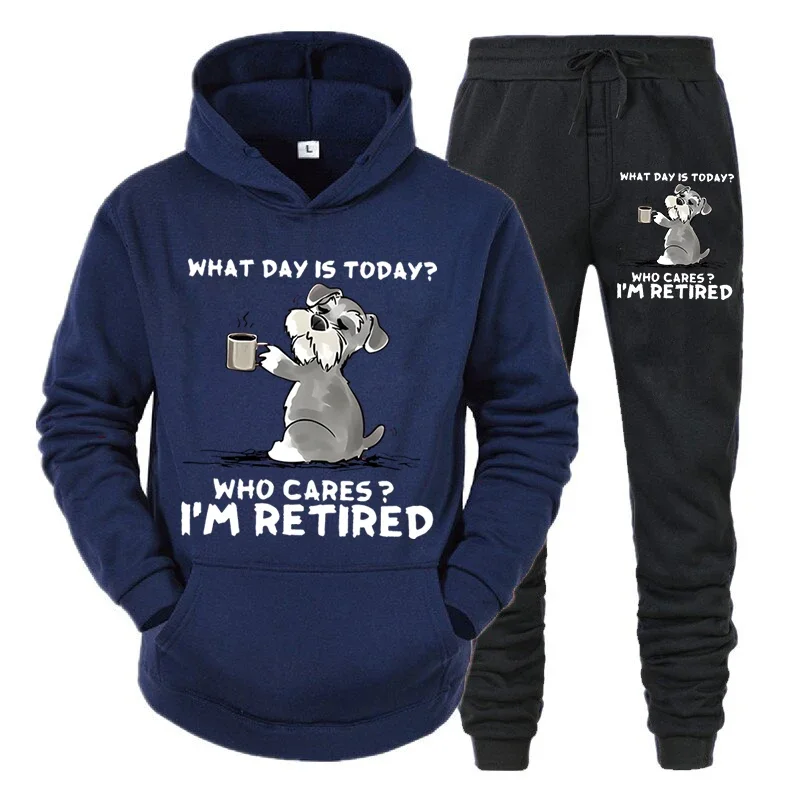 Conjunto de chándal para hombre nuevo "¿Qué día es hoy? ¿A quién le importa?" Sudadera con capucha y pantalón con estampado divertido de perro y café, conjunto de 2 piezas de pantalones de manga larga