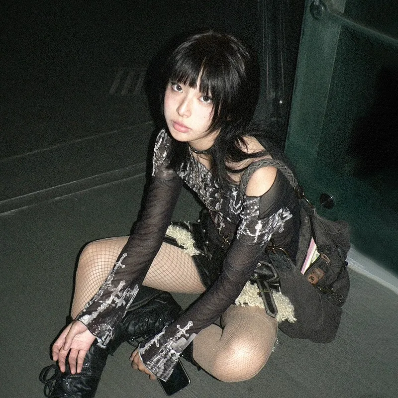 Karrram Grunge Aesthetics Mesh Tops Japanese Y2k Tattoo Print Sheer Tops Vintage Harajuku See Through Long Sleeve T-shirt Gothic 2