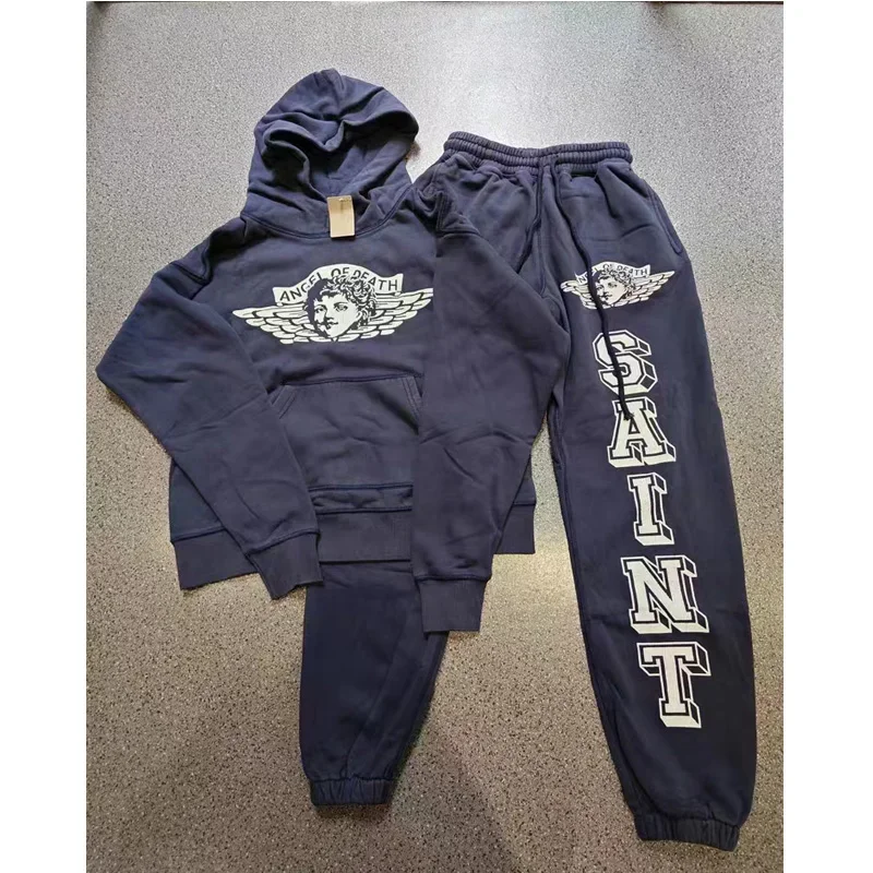 

Cracked Angel Print Saint Michael Hoodies Sweatpant Set Men Women Washed Do Old Damaged Hole Trousers Hooded Pullover Suit