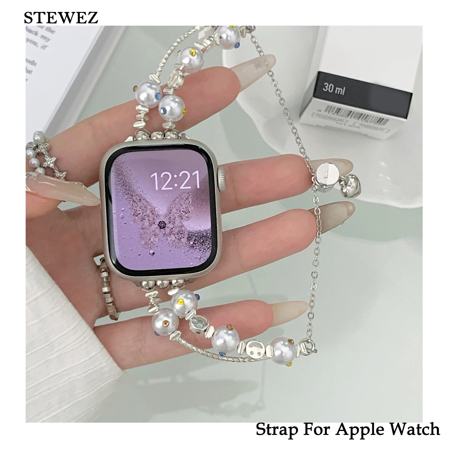 Женская цепочка для часов Apple Watch, браслет с жемчугом для Iwatch98765SE, милый бриллиант, размер 40, 41, 44, 45, 49 мм, для девушек