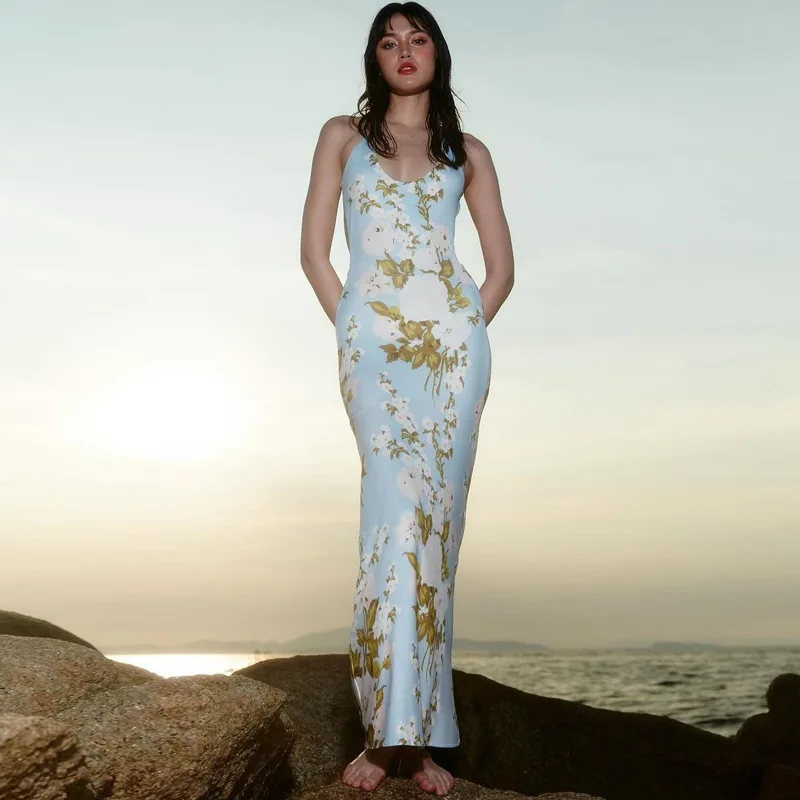 Vestido de moda con espalda descubierta y estampado para mujer, estilo vendaje, ajustado, elegante, de fiesta, con cordones, sexy, largo, para verano 2025