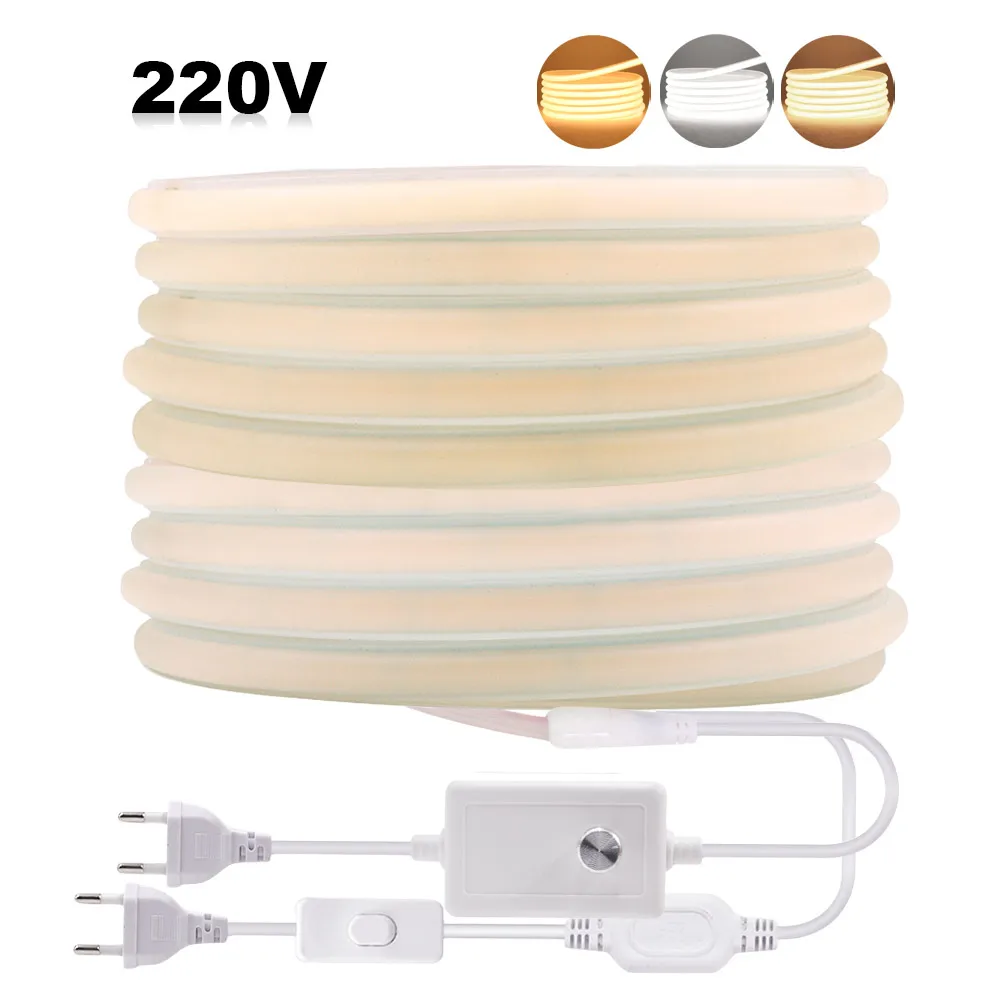 220V COB LED Neon Strip Light with Dimmer Switch Power Kit 288LED High Density Linear Lighting Waterproof Flexible Silicone Lamp ip68 waterproof cob led strip with power supply tuya smart wifi dimmer 320leds m high density dc 12v 24v flexible tape linear