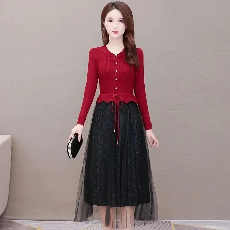 

Fake Two Piece Vintage Knitted Sweater Dress Women Casual Long Sleeve Pleated Mesh Dresses Elegant Midi Vestidos De Mujer P28