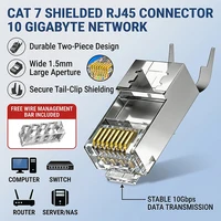 10Pcs Cat7 Shielded RJ45 Connector 10Gbps, Gold-Plated Pins, Metal Housing, 1.5mm Hole, 2-Piece Pass-Through, for Cat7 Cable 1