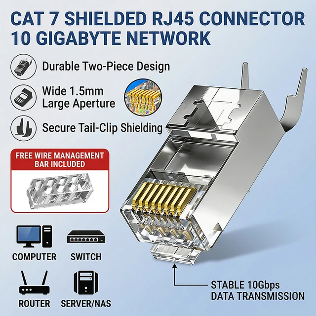10Pcs Cat7 Shielded RJ45 Connector 10Gbps, Gold-Plated Pins, Metal Housing, 1.5mm Hole, 2-Piece Pass-Through, for Cat7 Cable 1