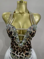 2025 New Sexy Sparkly Rhinestones Leopard Print Tassel Bodysuit Women Evening Party Birthday Nightclub Performance Stage Costume - Image 5