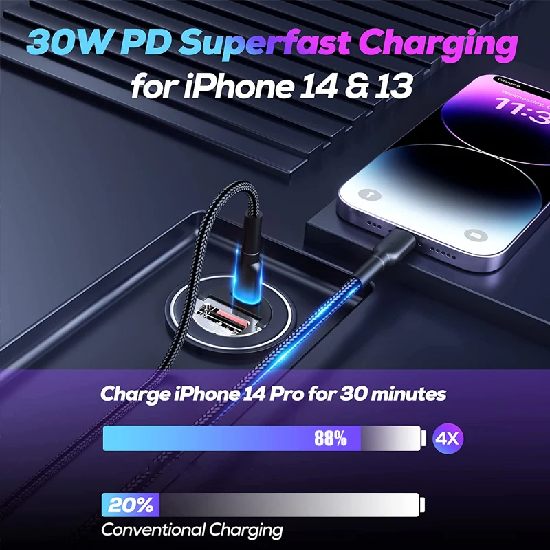 30W 미니 USB C 차량용 충전기 PD QC 3.0 iPhone 14 Pro Max 13 12 11 8 Plus Sumsung iPad Huawei 전화 용 초고속 충전 어댑터
