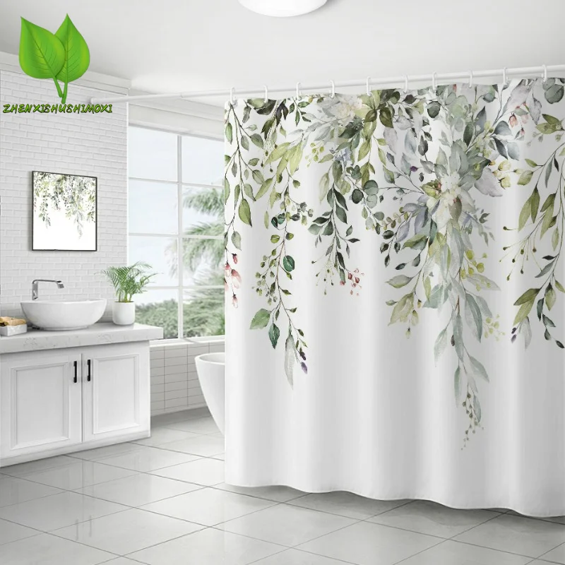 

Green Leaf Bathroom Curtain, 3D Printed Polyester, Waterproof, Mildew Resistant, Shower Curtain, Bathtub Curtains, Free Punching