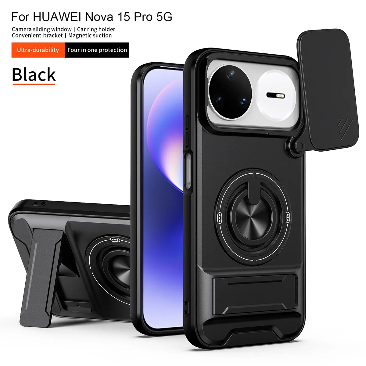 Enhanced Armor Case with Car Magnetic Holder, Ring Stand & Slide Lens Protector - Durable Back Cover