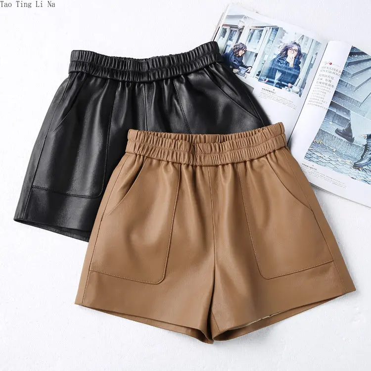 2023 Women Genuine Sheepskin Leather  Shorts Elastic Waist Slim Wide Leg Shorts S9