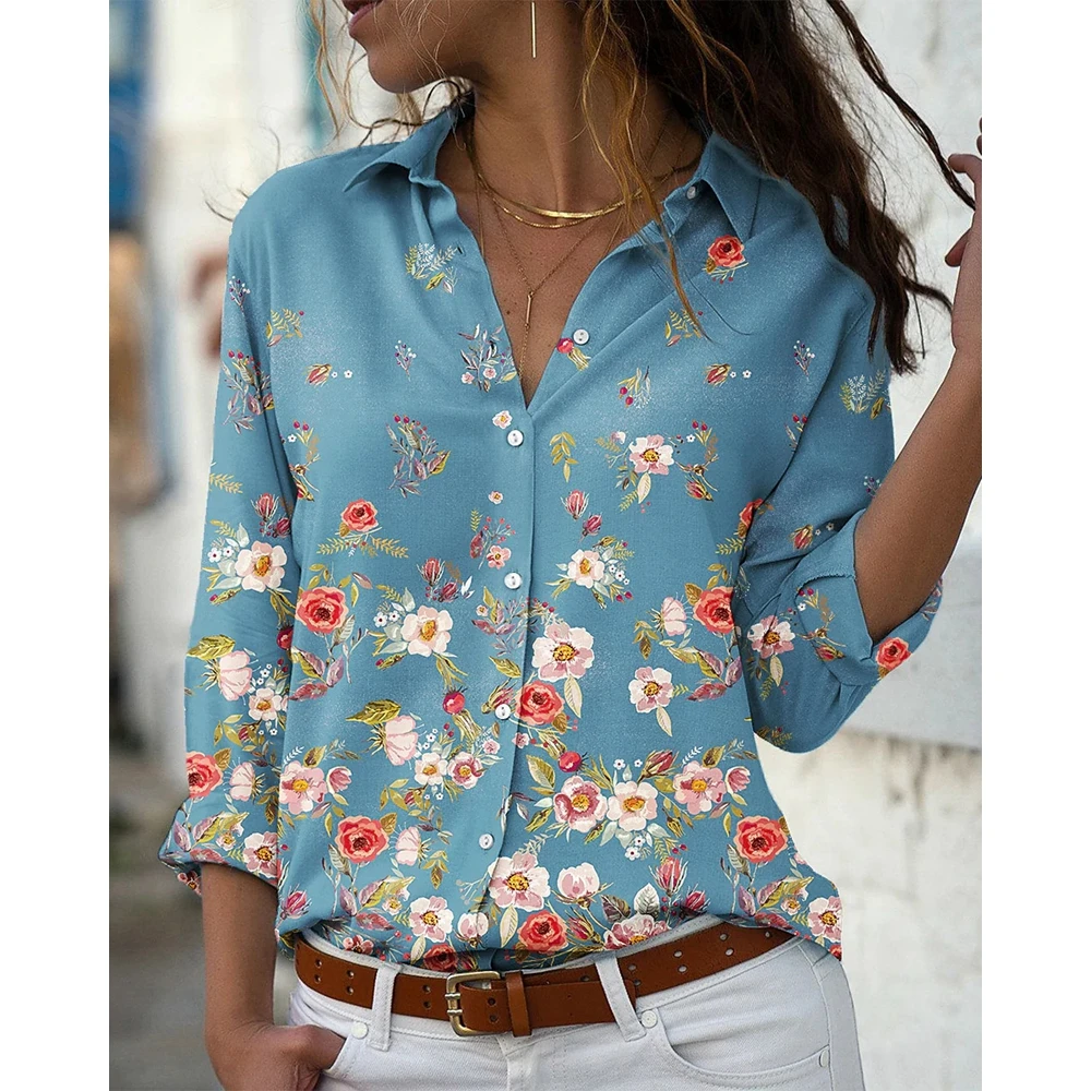 2024 Spring Women's Floral Print Long Sleeve Shirt Buttoned Design Turn-down Collar Casual Blouse Fashion Top Elegant Outwear