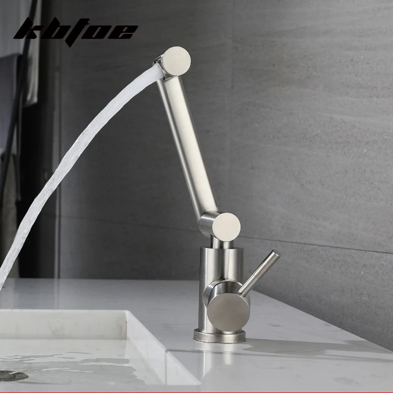 Brushed Nickel Wash Basin Faucet Bathroom Deck Mounted Hot and Cold Water Washbasin Toilet Sink Mixer Tap Stainless Steel Crane