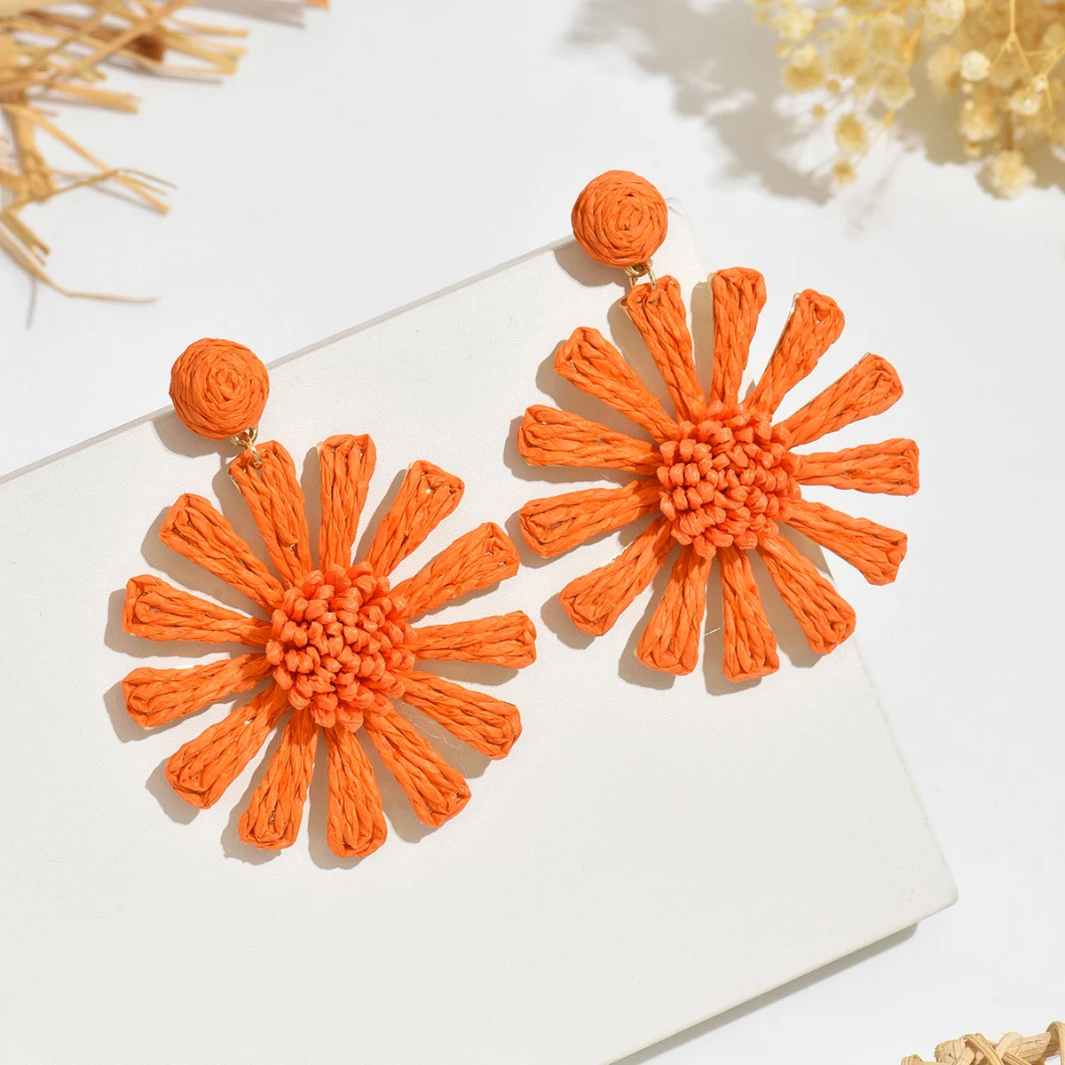 Boho Colorful Sunflower Rattan Knit Drop Earrings for Women Delicate Handmade Raffia Floral Earrings Summer Party Jewelry Gift