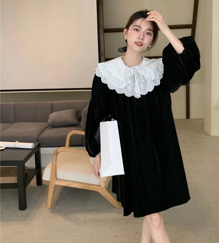 

Vintage Dresses for Women Sweet Lace Peter Pan Collar Loose Chic Robe Femme Lantern Sleeve Velvet Korean Dress Vestido Femme