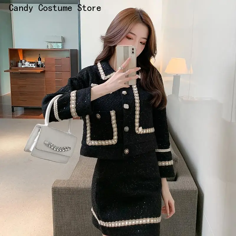 

Cardigan Long Sleeve Coat Jacket + High Waist Mini Skirt Suits Small Fragrance Women's Outfits Fashion Tweed Two Piece Set