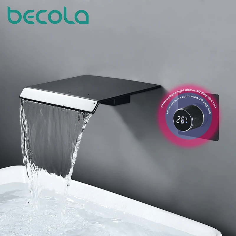 ก๊อกน้ำห้องน้ำดีไซน์ฝังผนัง สีดำทองเหลือง พร้อมหน้าจอ LED ดิจิตอล หรูหรา แบบก้านโยกเดี่ยว น้ำร้อนน้ำเย็น 2 รู 1