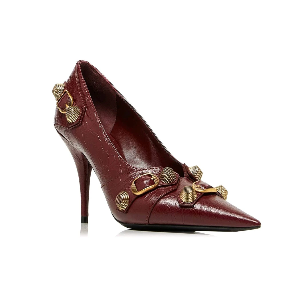 

2023 Women's Pointed Toe Stiletto High Heel Pumps Rivets Leather Slip on Buckle Sexy Fashion Pumps for Women