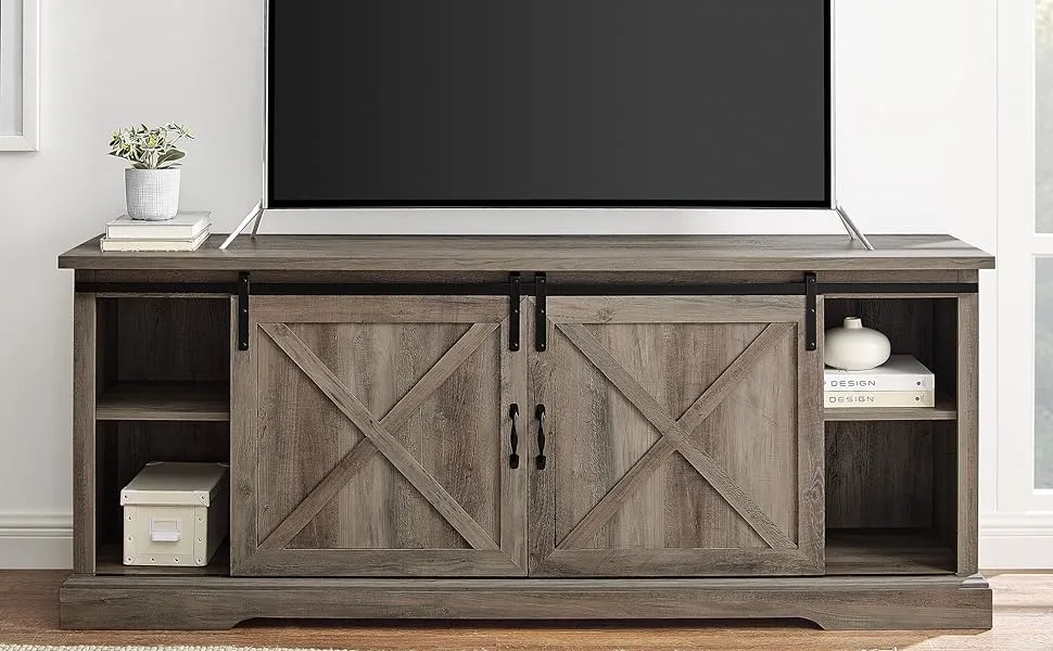 farmhouse entertainment center tv stand 80+ inch tv storage sliding barn door low bookshelf