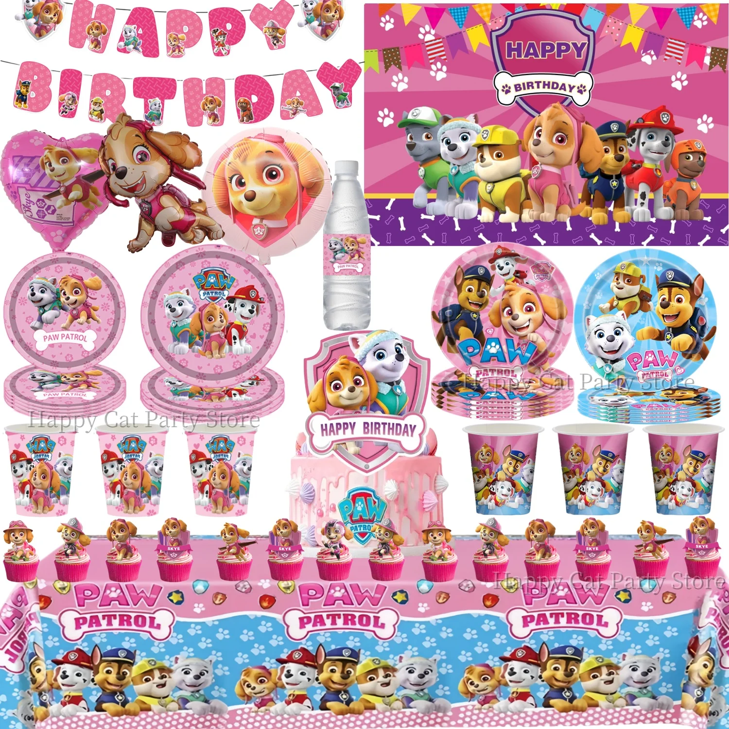 Paw Patrol Geburtstagsparty-Dekoration, Hund Skye, Einweggeschirr, Tischdecke, Tassen, Teller, Servietten, Geschenk, Paw Patrol Party-Accessoires und -Artikel