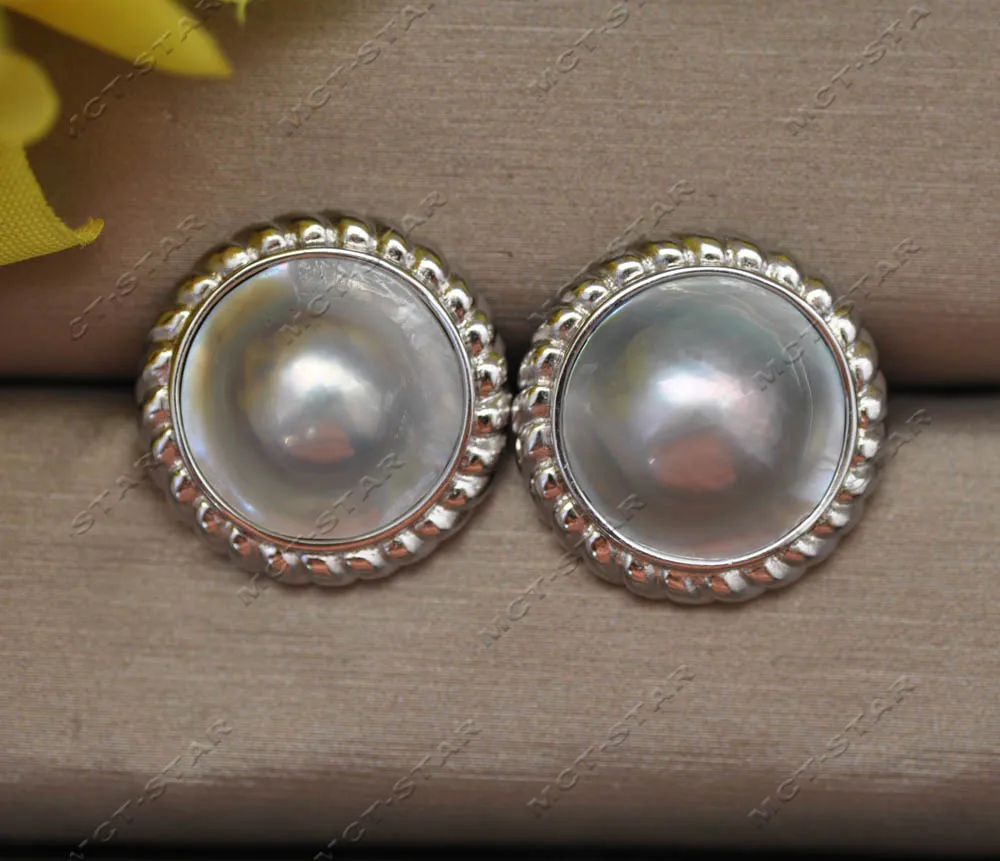 

Z13193 HUGE Real 20mm Gray Round South Sea Mabe Pearl 925Silver Stud Earring Custom jewelry