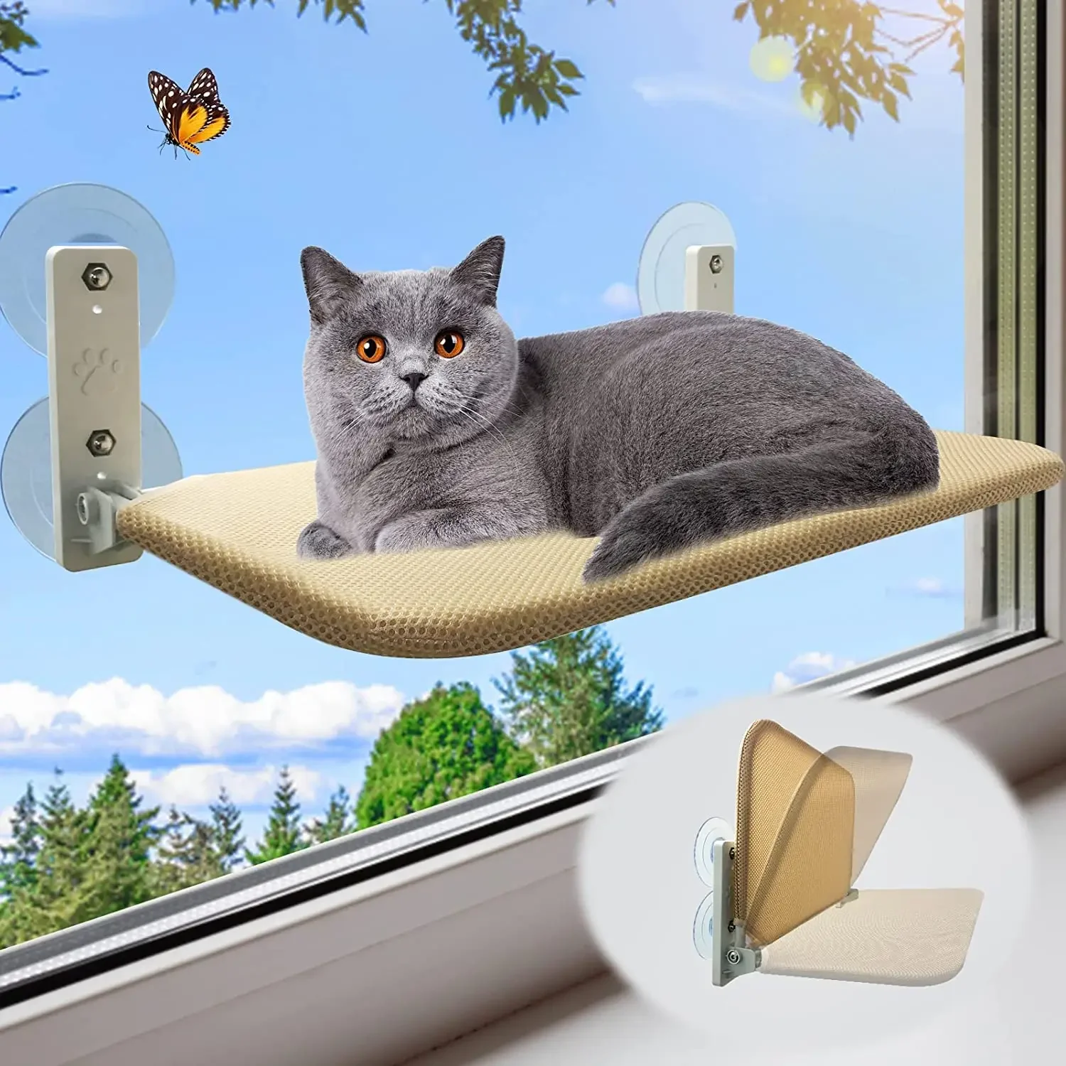 

Foldable Cat Window Perch Cordless Cat Window Hammock with 4 Strong Suction Cups Windowsill Cat Beds Seat for Indoor Cats Inside