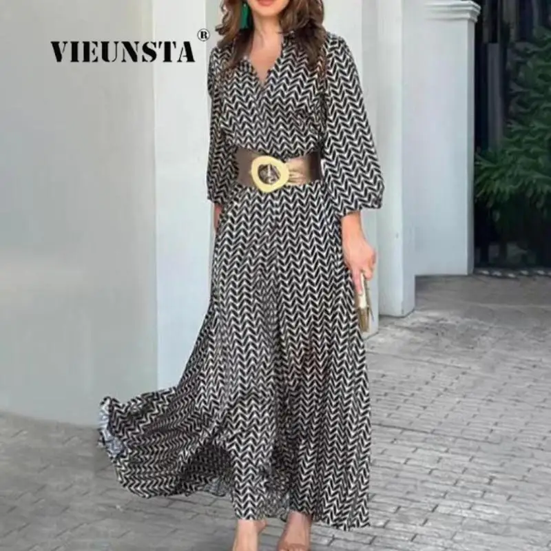 

Summer Sexy Print Boho Party Dresses 2023 Women Vintage Printed Belted Maxi Dress Chic Streetwear Lapel Long Sleeve Shirt Dress