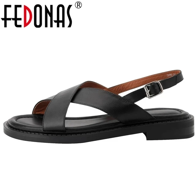 FEDONAS Retro Gladiator Sandals: Low Heels,Leather