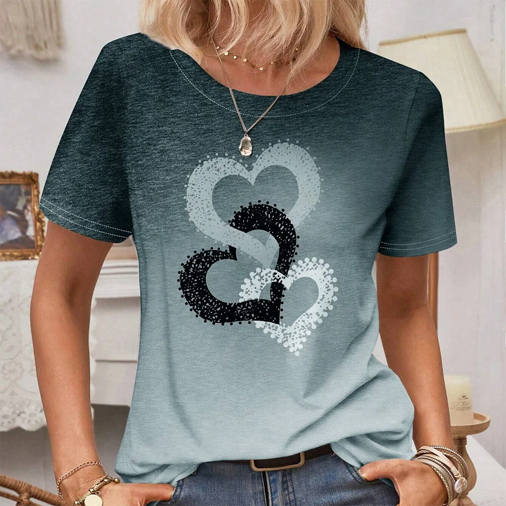 

Women's round neck short sleeved T-shirt with 3D printed heart pattern top Women's T-shirt with fashionable short sleeves
