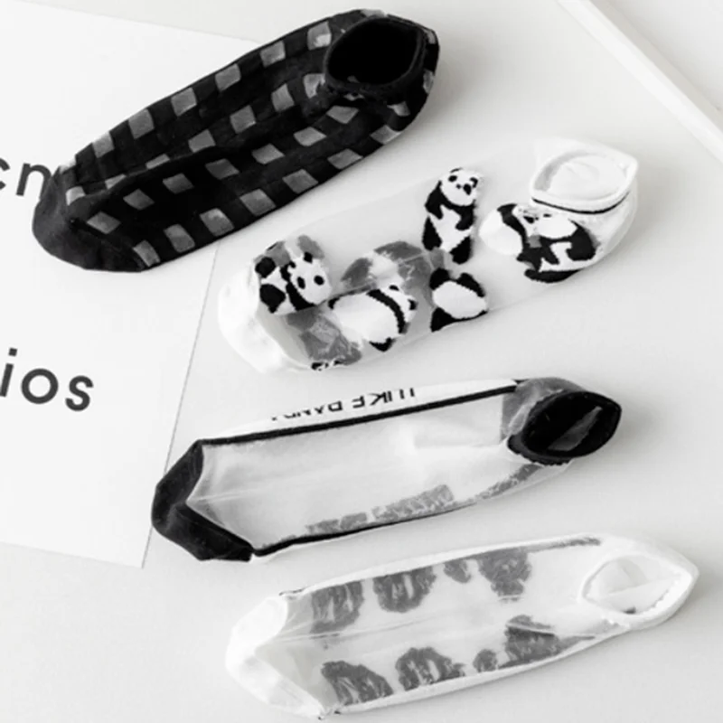 Calcetines tobilleros con estampado de Panda negro para mujer, medias tobilleras de malla de encaje con dibujos de animales, de seda de cristal, 1 par