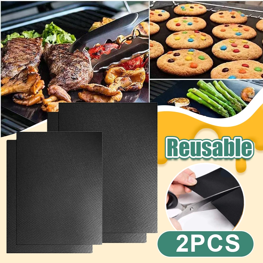 BBQ Grill Mat 2Pcs Reusable Non-stick Outdoor Kitchen Baking Cooking Plate Party Accessories