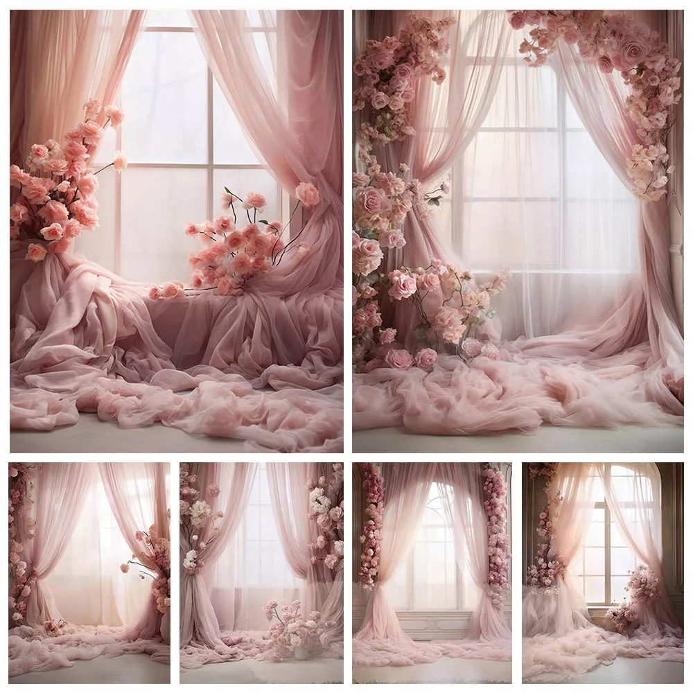 

Mehofond Pregnant Portrait Photography Backdrop Pink Flower Curtain Princess Birthday Background Wedding Decor Photozone Studio