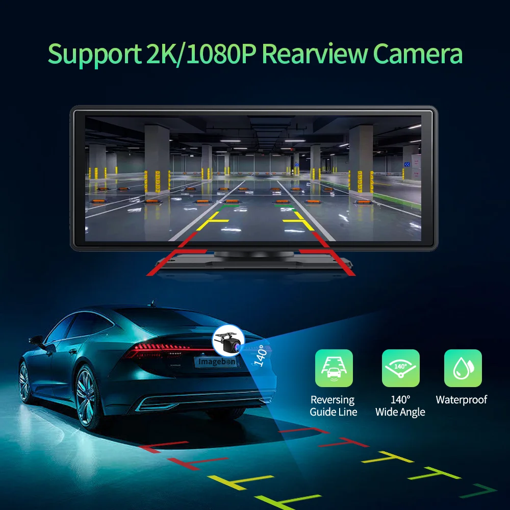 Car Dash Cam Imagebon E64 10.26" Android 13 Dash Cam Wireless CarPlay & Android Auto Car DVR Netflix Google Play GPS Rearview Mirror Camera
