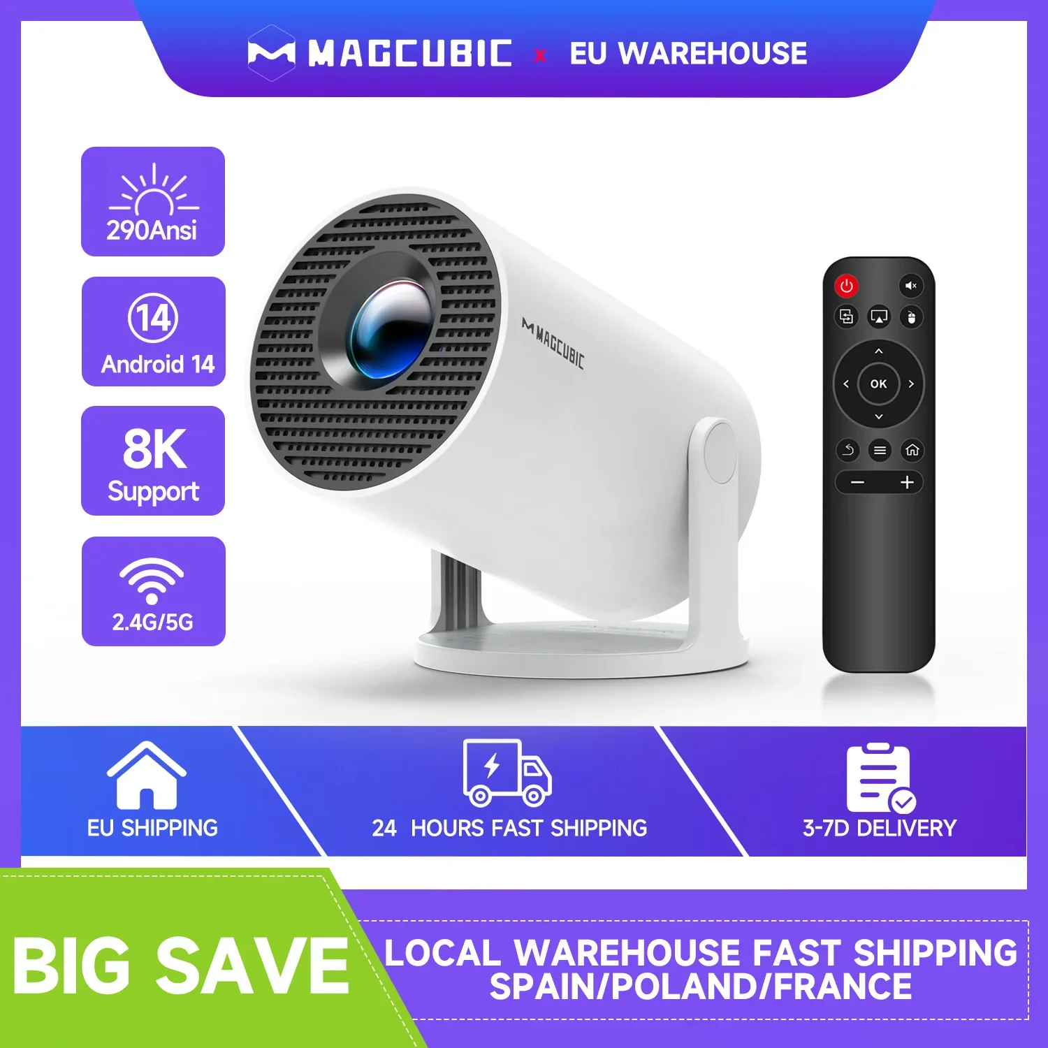 Magcubic Mini Projector Support 8K 720P with Dual Band WIFI6 5G Wireless Android 14 290 ANSI 180° Rotatable Video HY300 Pro