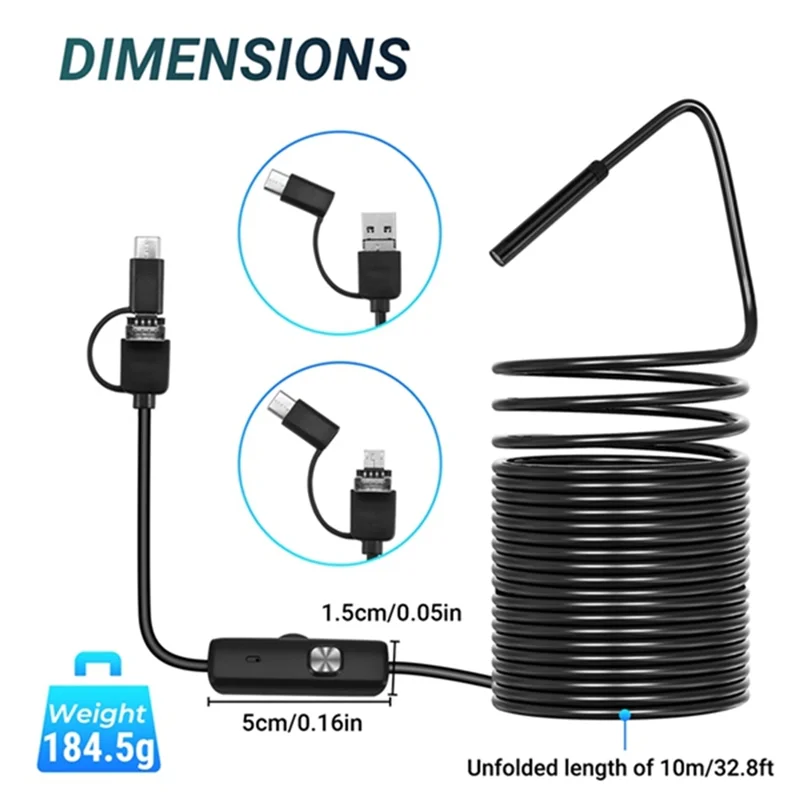 안드로이드 용 자동차 내시경 3 In 1 하수구 산업용 내시경 5.5Mm x 10m 배관 내시경 USB 유연한 스네이크 카메라