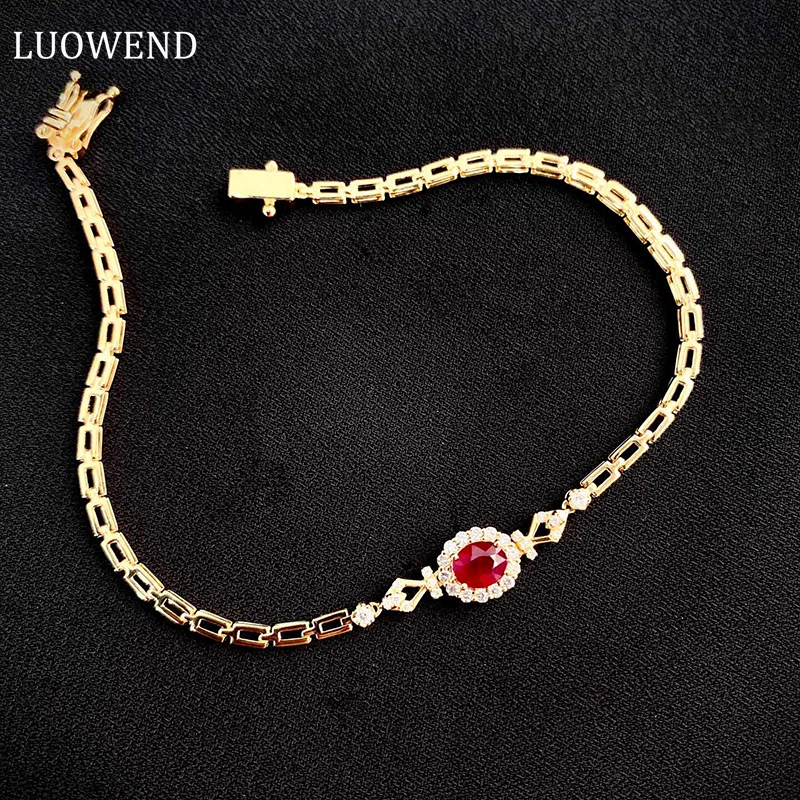 

LUOWEND 18K Yellow Gold Bracelet Elegant INS Style Luxury Diamond Real Natural Ruby Bracelet for Women High Engagement Jewelry