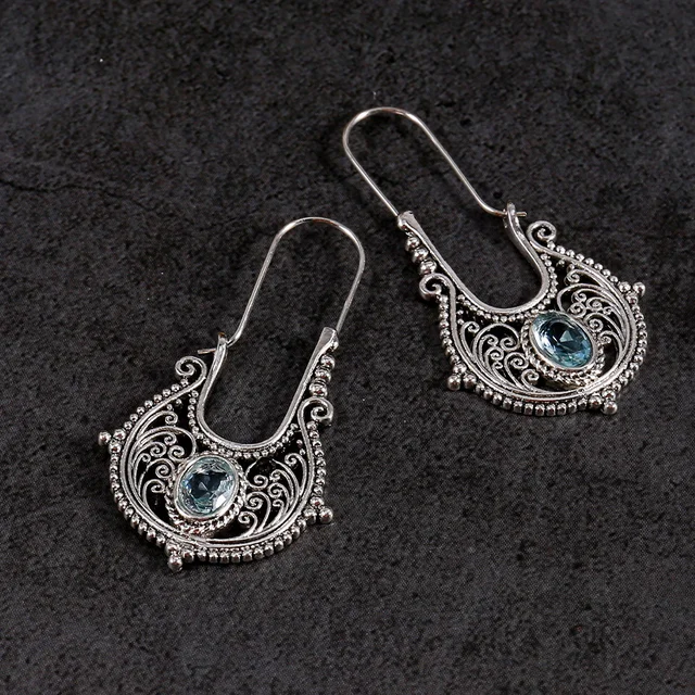 Caved Pattern With Zircon Decor Dangle Earrings Bohemian Ethnic Style Zinc Alloy Silver Plated Jewelry Tourism Souvenir 5