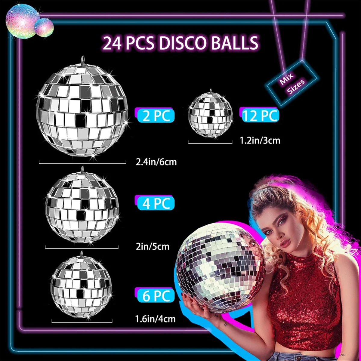 24 Pcs Mirror Disco Ball Hanging, Glass Disco Ball Decor, Disco Party Decorations, for Holiday Party Decor with Rope 2