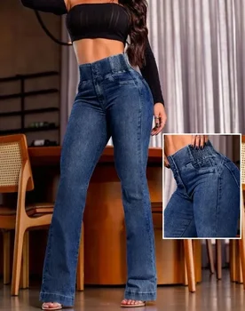 Y2K Autumn winter Jeans Elegant High Waist Button Front Casual Female Jeans Sexy Fashion Back Shirred Trouser Bottom 1