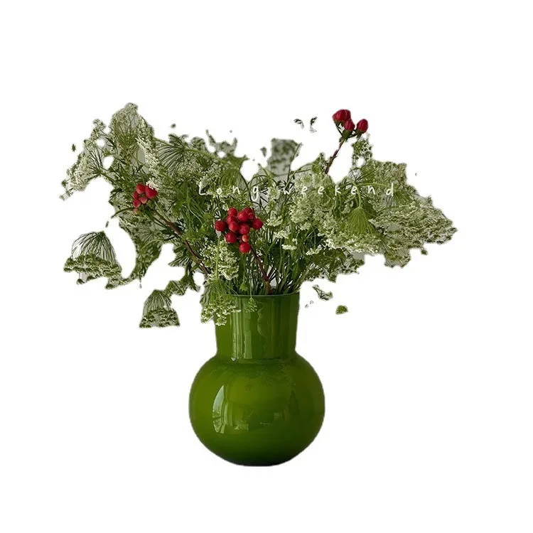 French Style Retro Green Glass Vase Living Room Home Tabletop Flower Arrangement Decoration 5