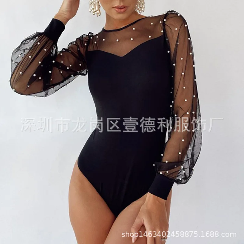 

Mesh Long Sleeved Bubble Sleeved Sexy Triangle Pants, Tight and Plastic Beaded Jumpsuit with Bottom for Women