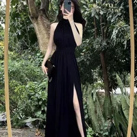 Elegant Black Off-Shoulder Sleeveless Dress Women's Summer New Style French Style Long Split Waist Cinched Gown Polyester Fiber