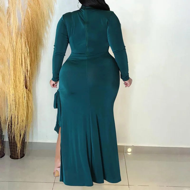 Autumn Solid Color O-Neck Hollow Out Lacing Long Sleeve Bag Hip Evening Party Sexy Split Fork Bare Leg Slim Plus Size Long Dress