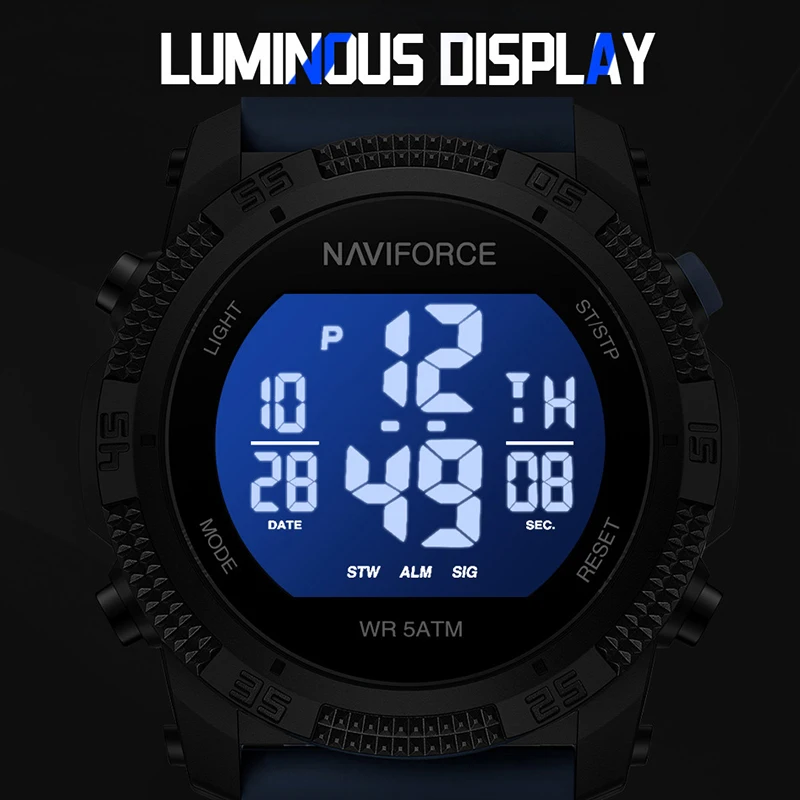 NAVIFORCE Men's Fashion LCD Digital Wristwatch 50m Waterproof Sports Silicone Strap Watches for Man Casual Electronic Male Clock