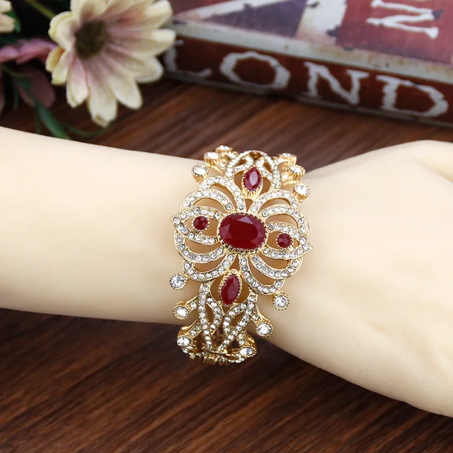 Sunspicems 18K Gold Color Crystal Morocco Cuff Bracelet Bangle Algeria Bride Wedding Jewelry Flower Turkey Arabic Bangle Gift 5