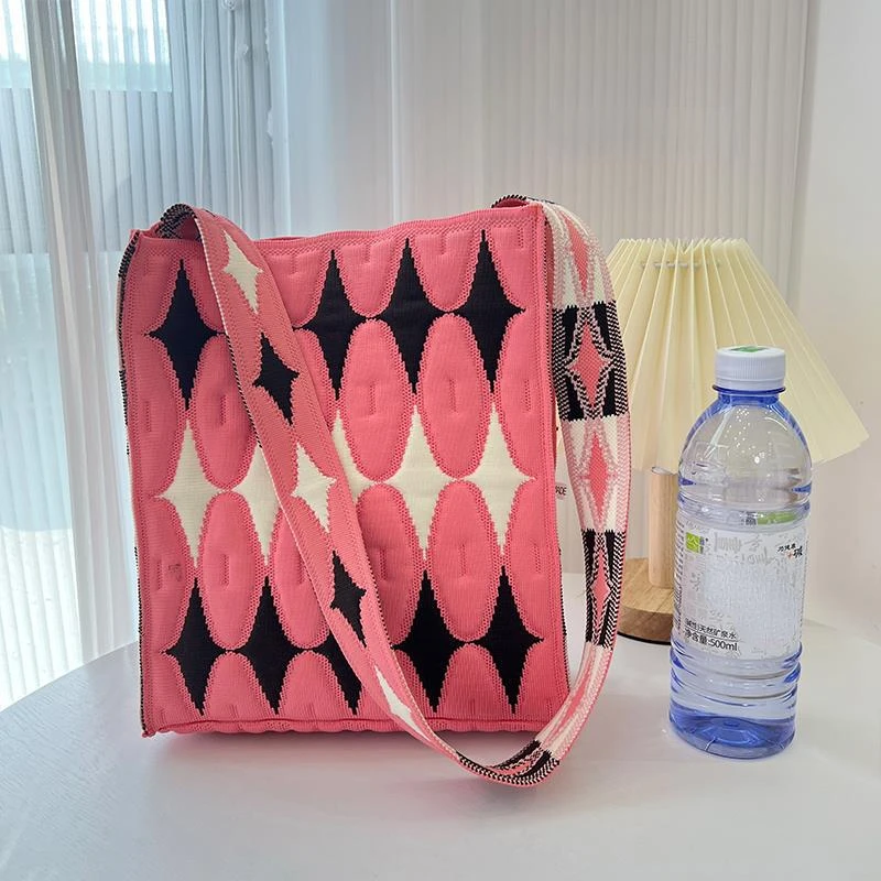 Tote Shoulder Bag Knitted Contrast Color Diamond Lattice Fashion Crossbody Bag Trendy Design Handbag Retro Style Bags for Women