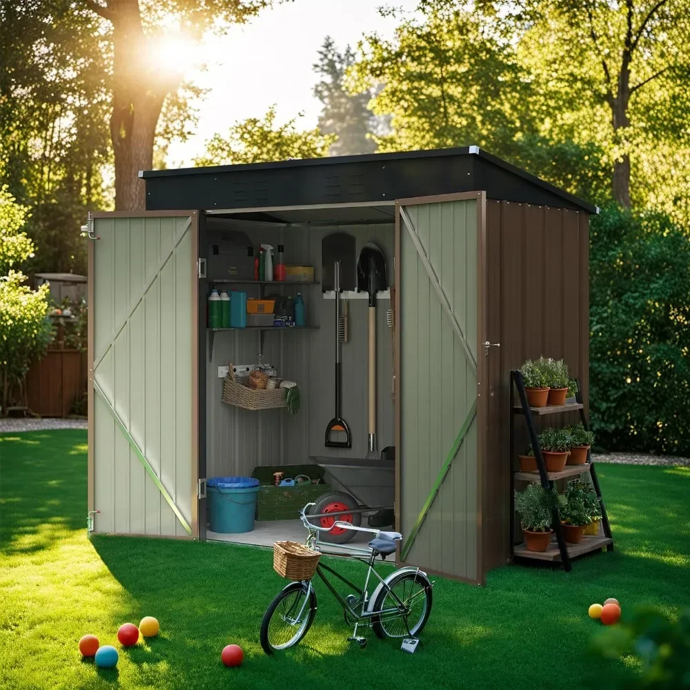 6FTx4FT Outdoor Storage Shed All Weather Metal Garden Shed with Lockable Double Doors for Garden Tools, Toys and Sundries, Brown