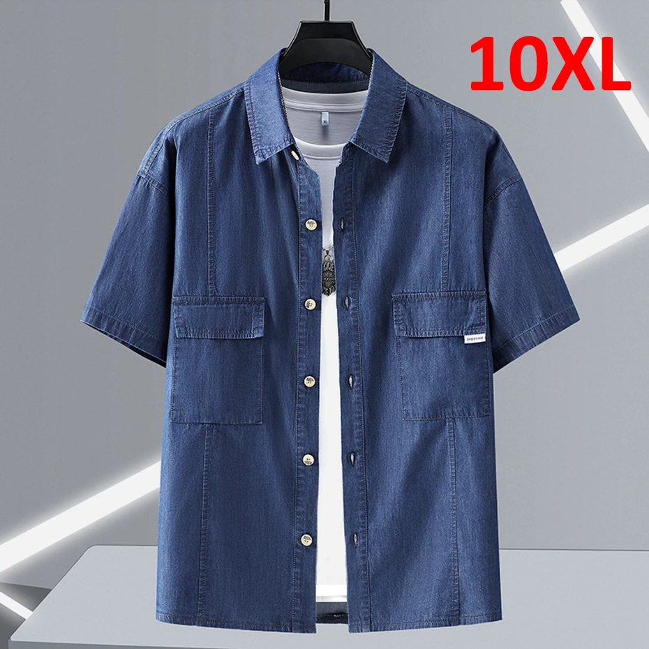 Men Summer Denim Shirt Short Sleeve Plus Size 10XL