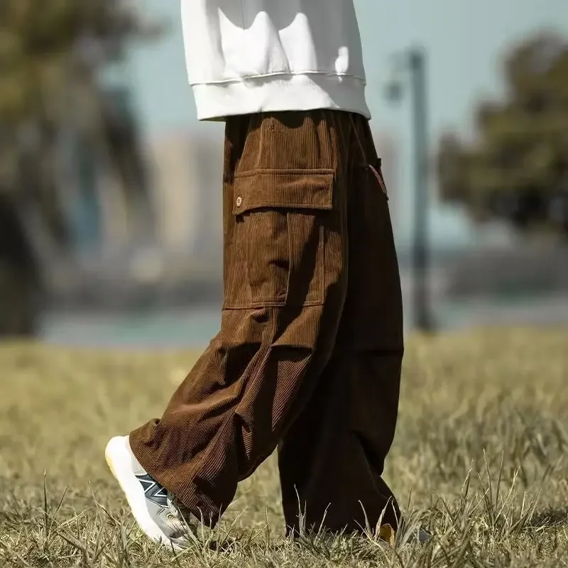 Japanese Vintage Brown Corduroy Pants Men's Loose-fit Drawstring Ankle Casual Pants Autumn/winter Season
